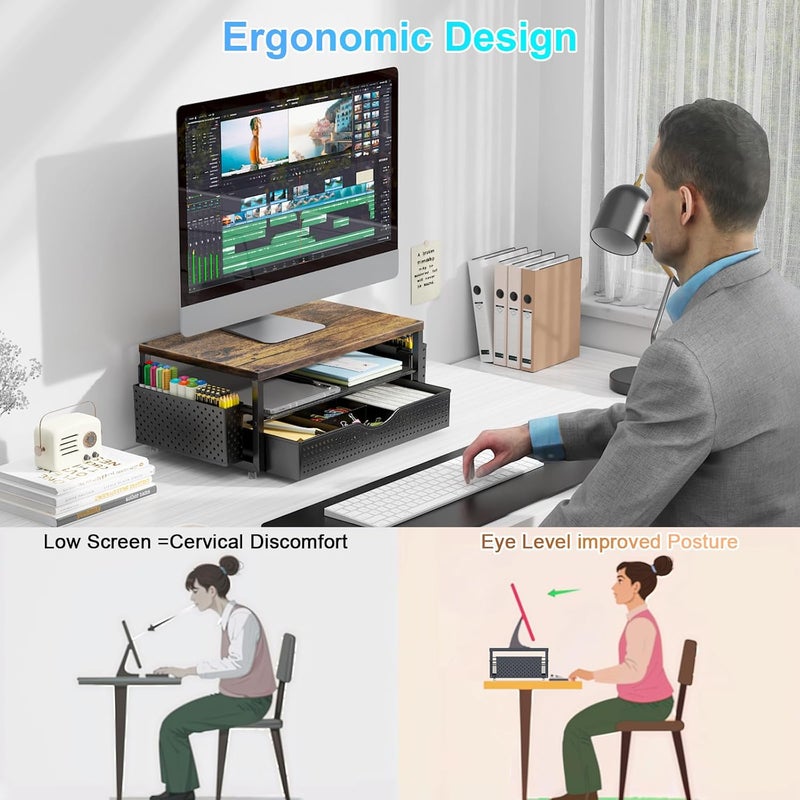 gianotter Wood Monitor Stand Riser, Office Desk Shelf Organizer, Desk Organizer with Drawer and Pen Holder, 2-Tier Computer Stand, Office Organization (Wood) - Image 2